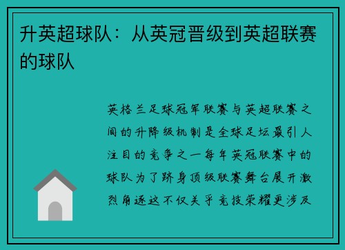 升英超球队：从英冠晋级到英超联赛的球队